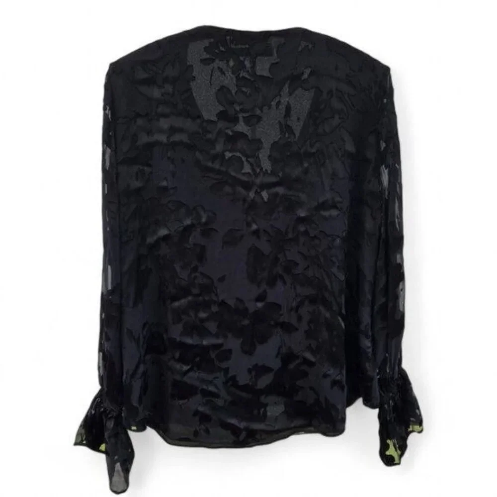 White House Black Market Floral Burnout Surplice Wrap Blouse Sheer Bell Sleeve - Picture 2 of 4